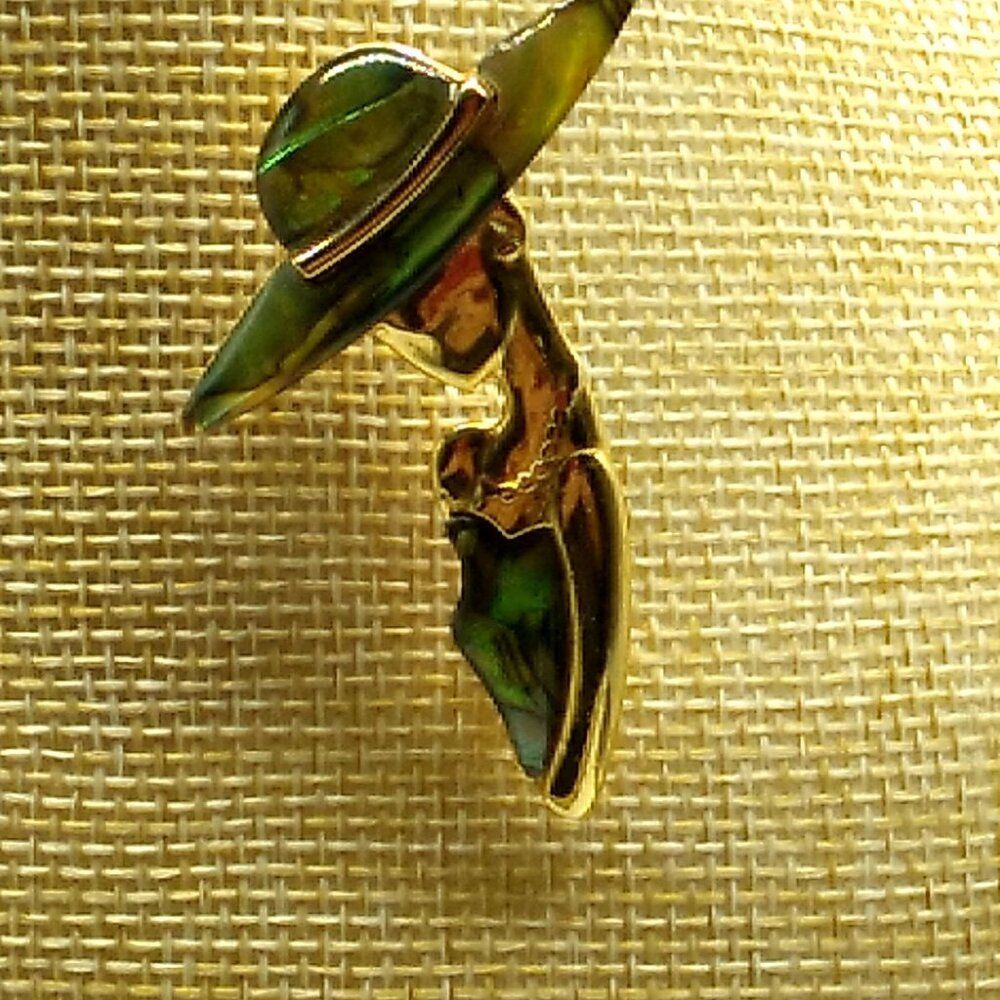 VTG Art Deco Style Sophisticated Lady in Hat Gold-tone Faux Abalone Brooch Pin